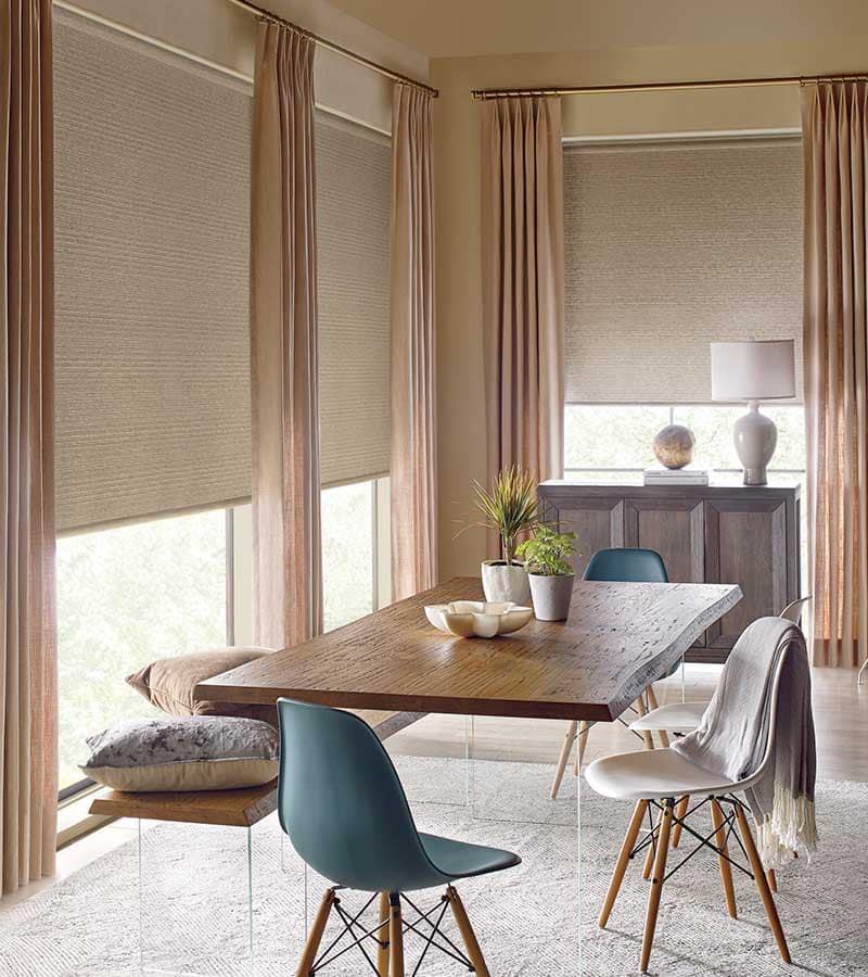 roller screen shades side panel drapery dining room window treatments hunter douglas one stop decorating